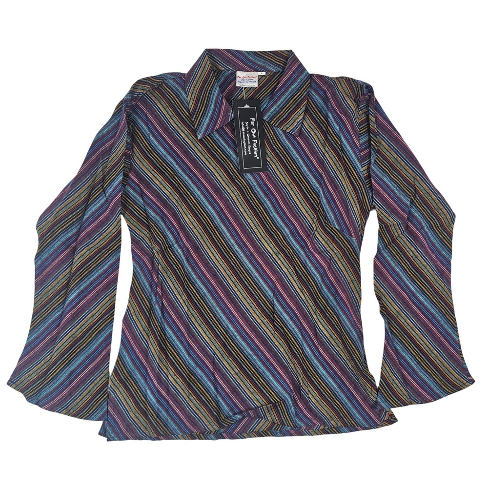 Far Out Fashion Womens XL Multi Color Diagonal Stripe Bell‎ Sleeve Retro Top NWT